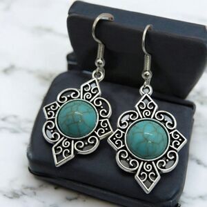 Western Turquoise Bead Silver Filagree Dangle Earrings Bohemian Tribal Jewelry